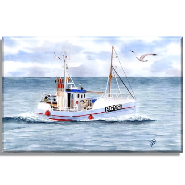 Leinwand 40 x 30 cm Keilrahmen Canvas-Leinen  Aquarell Maritim Kunst Druck Kunstdruck Dänemark Nordsee Hirtshals Fischerboot Kutter Fischkutter blau Meer Boot Möwen